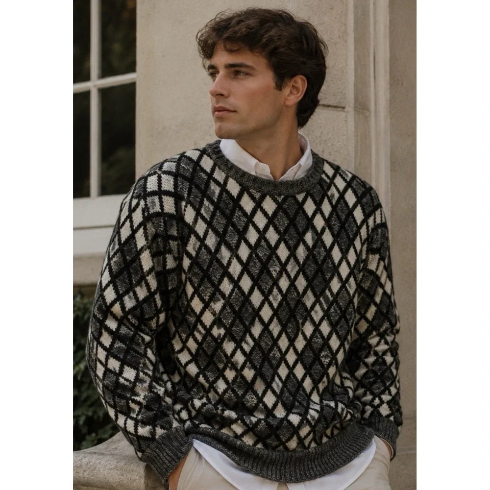 Vintage 90s Protege Tag Mens Diamond Knit Sweater Size L Cosby USA Coogi Style